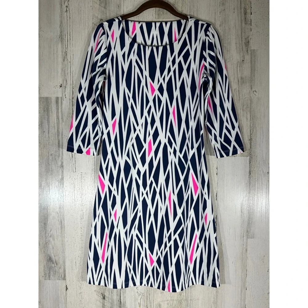 Mahi Gold Navy White‎ Pink Shift Dress Size XXS Geometric Print 3/4 Sleeve